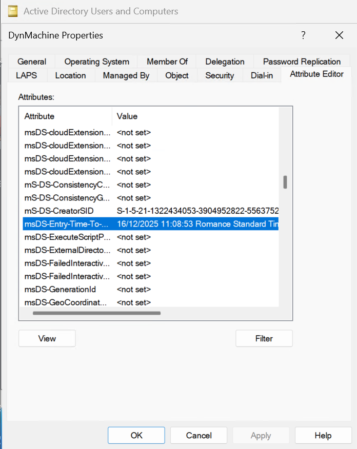Attribute Editor view of an AD dynamic object (computer) showing the msDS-Entry-Time-To-Die timestamp, while simultaneously failing to display the entryTTL